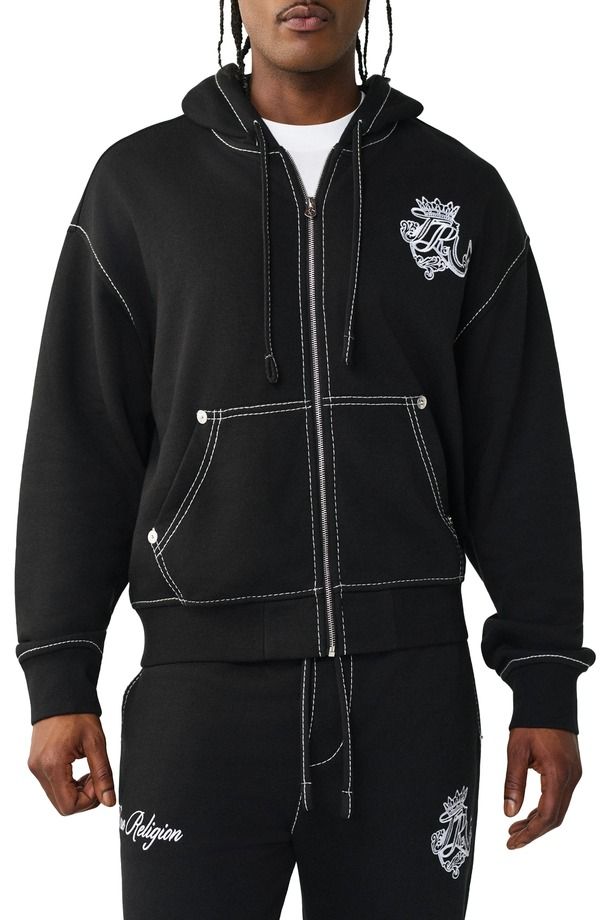 トゥルーレリジョン メンズ アウター パーカー・スウェット True Religion Crest Big T Boxy ZipUp Hoodie Jet Black ブラック