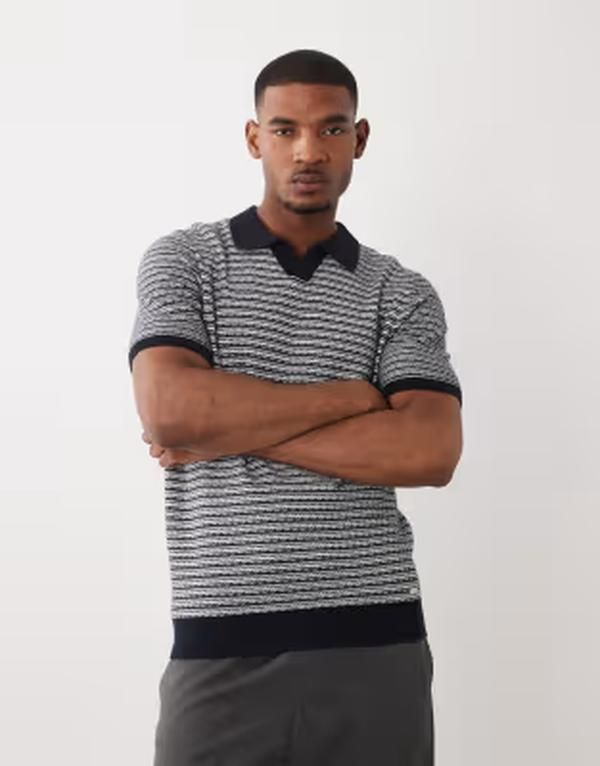 スリードベア メンズ トップス ポロシャツ コットン ニット Threadbare cotton rich textured knit polo top and ecru Navy and ecru