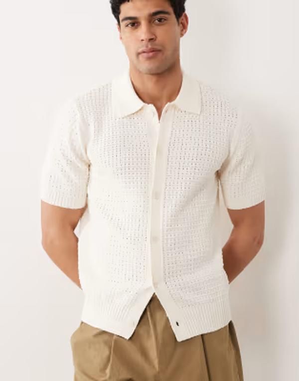 マンゴ メンズ トップス ポロシャツ ニット Mango button up short sleeve waffle knit polo shirt in ecru エクリュ