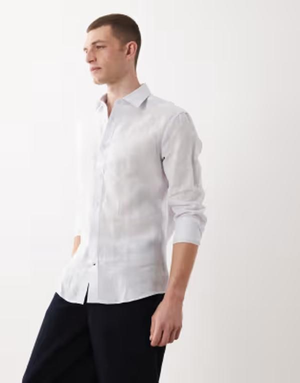 マンゴ メンズ トップス シャツ リネン Mango 100 linen long sleeve shirt in pale blue ブルー