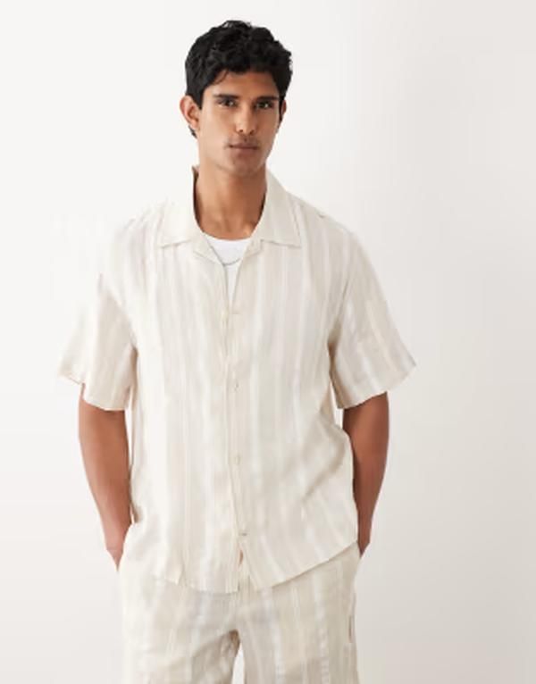 マンゴ メンズ トップス シャツ リネン Mango linen blend short sleeve striped shirt in ecru エクリュ 19,236円