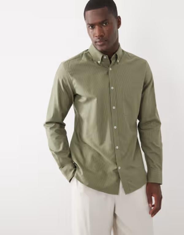 マンゴ メンズ トップス シャツ Mango classic long sleeve striped shirt in olive GREEN グリーン