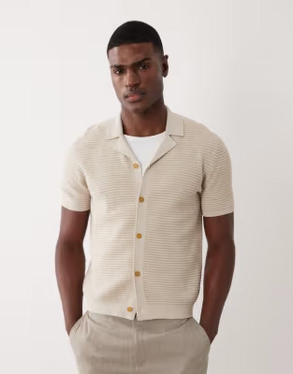 マンゴ メンズ トップス ポロシャツ リブ Mango ribbed button up short sleeve polo shirt in mushroom