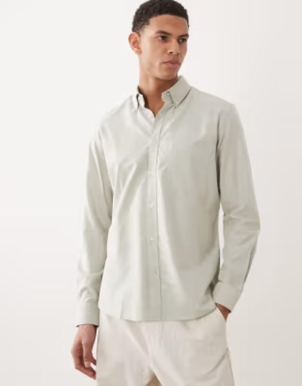 マンゴ メンズ トップス シャツ リラックスフィット コットン Mango 100 cotton relaxed fit long sleeve striped shirt in mint green