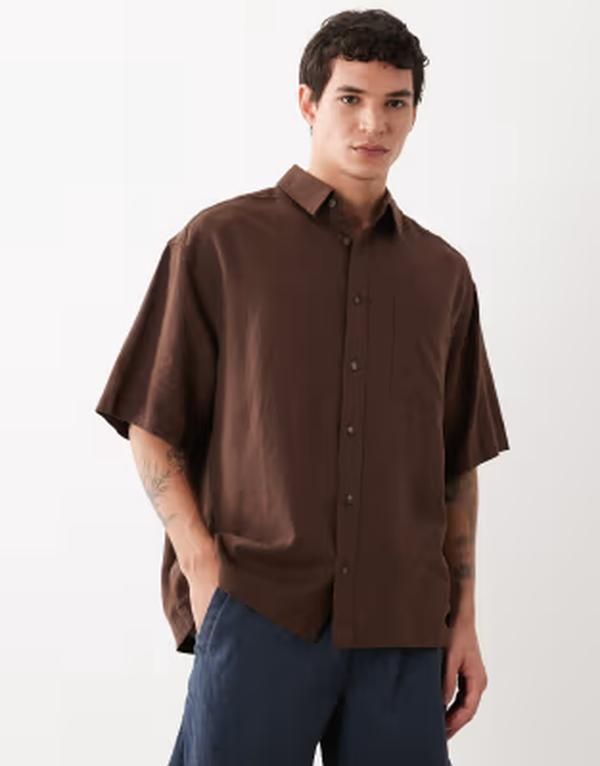エイソス メンズ トップス シャツ リネン ASOS DESIGN oversized linen blend shirt BROWN ブラウン