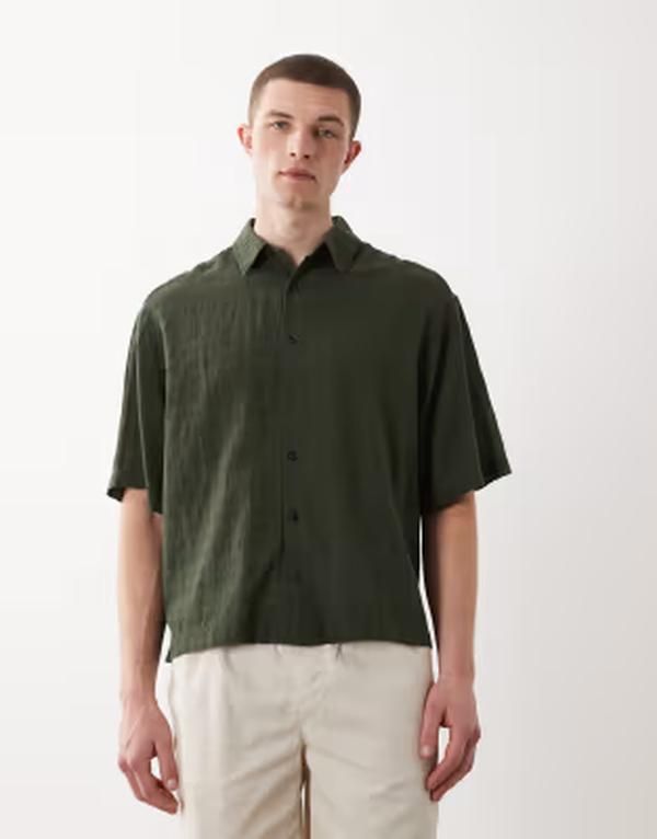 エイソス メンズ トップス シャツ リネン ASOS DESIGN boxy oversized textured plaid shirt with linen in dark GREEN グリーン