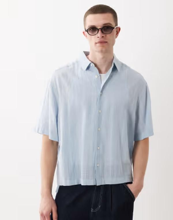 エイソス メンズ トップス シャツ リネン ASOS DESIGN boxy oversized textured plaid shirt with linen BLUE ブルー