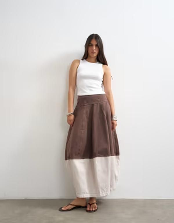 トップショップ レディース ボトムスカート デニム マキシ Topshop denim barrel seamed maxi skirt and ecru Tobacco and Ecru エクリュ
