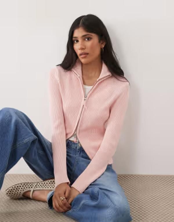 エイソス レディース アウター ニット・セーター スタンドネック ASOS DESIGN fine knit cinched funnel neck zip upink ピンク