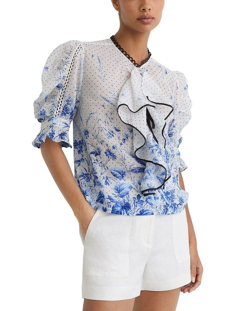 レイス レディース トップス シャツ プリント フリル ブラウス REISS Ruffle Printed Blouse IvoryBlue アイボリー