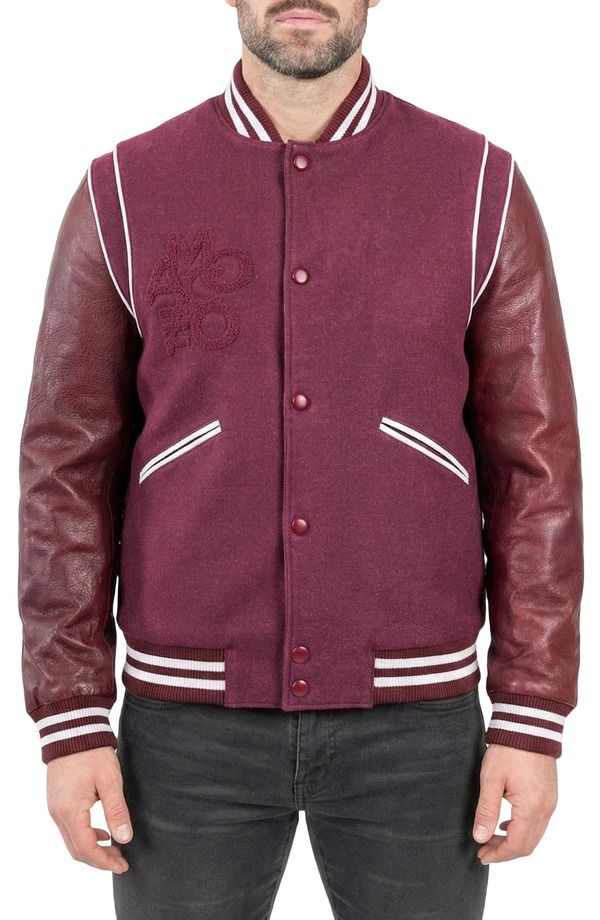 マセオ メンズ アウター ジャケット・ブルゾン レザー Maceoo Marthyr Leather Sleeve Varsity Jacket Red レッド