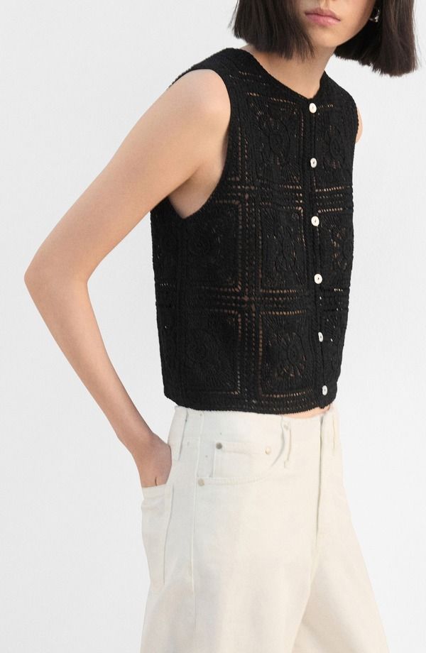 マンゴ レディース トップス シャツ ノースリーブ MANGO Sleeveless Crochet ButtonUp Top Black ブラック