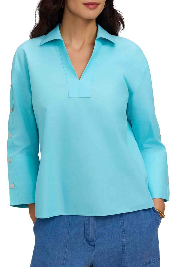 フォックスクラフト レディース トップス シャツ コットン Foxcroft Lainey Button Accent Cotton Popover Top Capri Blue ブルー