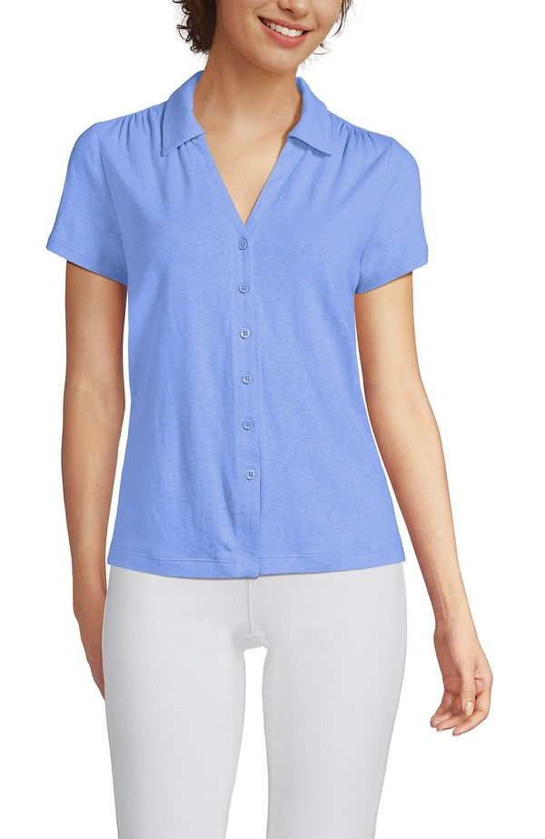 ランズエンド レディース トップス シャツ プラスサイズ リネン Lands End Plusize Linen Blend Short Sleeve Button Front Polo Top Cl