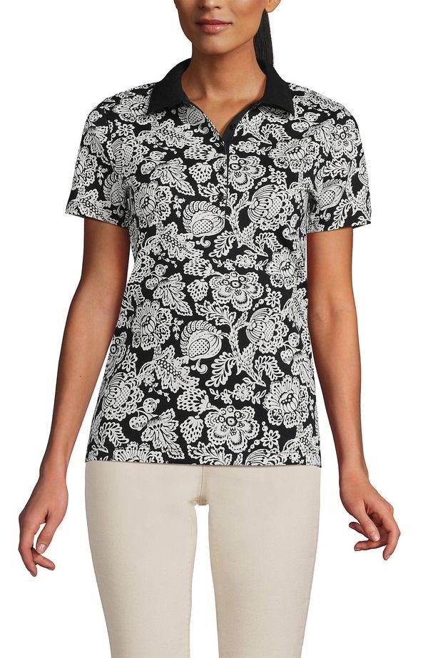 ランズエンド レディース トップス シャツ コットン Lands End Supima Cotton Polo Shirt BlackIvory Floral Medley アイボリー