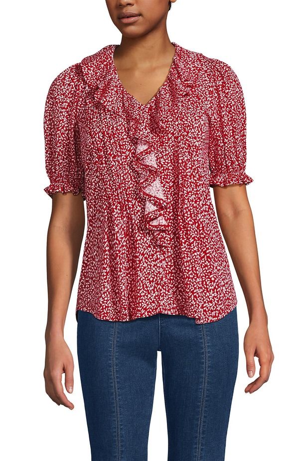 ランズエンド レディース トップス シャツ フリル Lands End Puff Sleeve Slub Ruffle Pintuck Top Reditsy Floral レッド