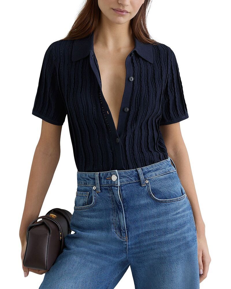レイス レディース トップス シャツ ニット REISS Audrey Textured Knit Shirt Navy ネイビー