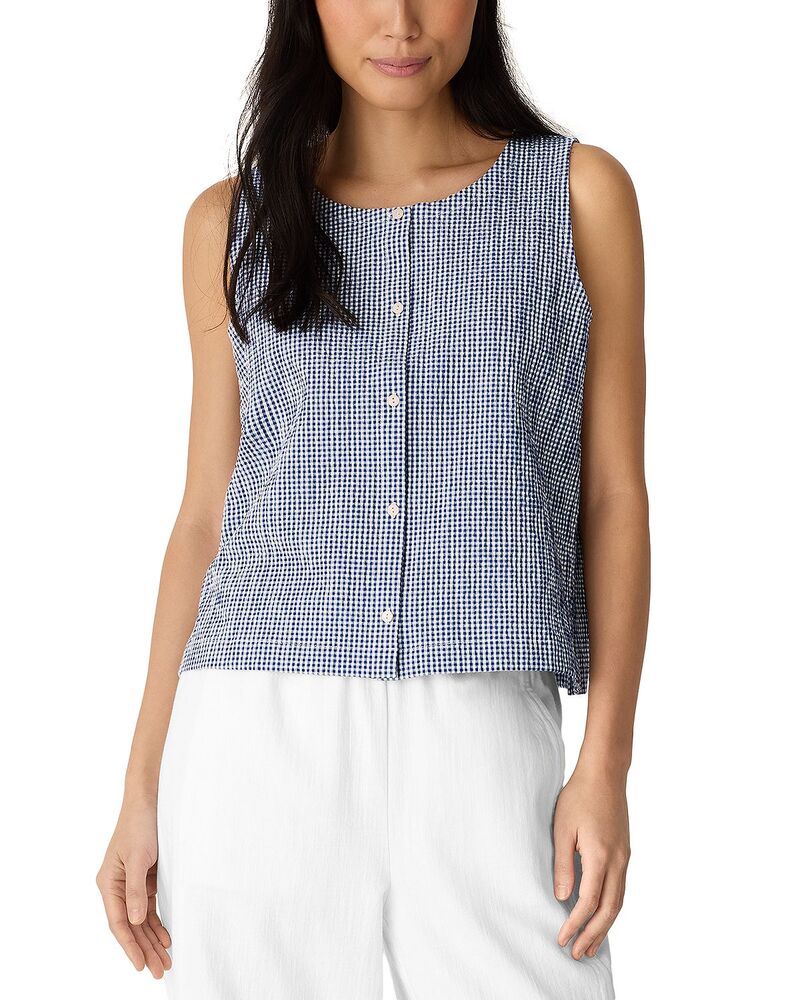 エイリーンフィッシャー レディース トップス シャツ ノースリーブ コットン Eileen Fisher Cotton Pucker Check Sleevelesshirt Light Dive チ