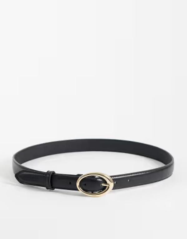 マンゴ レディース アクセサリー ベルト レザー フェイクレザー Mango faux leather slim belt with oval buckle Black ブラック