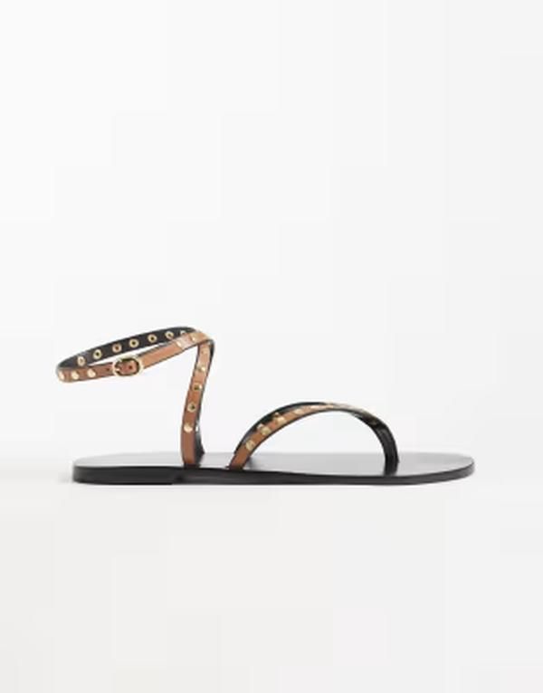マンゴ レディース シューズ サンダル Mango strappy flat sandals with studs BROWN ブラウン