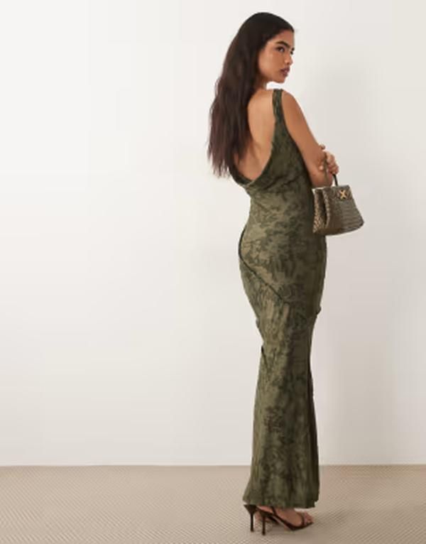 エイソス レディース トップス ワンピース マキシ ASOS DESIGN raw seam cowl back devore maxi dress Khaki カーキ 18,706円