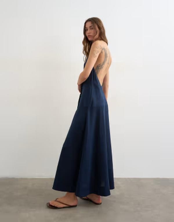 トップショップ レディース トップス ワンピース リネン マキシ ホルター Topshopremium linen richalter neck wrap maxi dress in dark Nav
