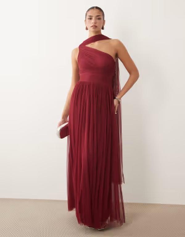 レース アンド ビーズ レディース トップス ワンピース チュール マキシ Lace Beads Bridesmaid tulle one shoulder scarf neck fitted wai