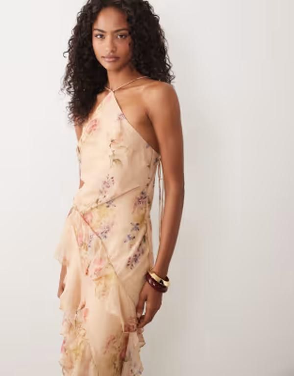 エイソス レディース トップス ワンピース フラワー柄 プリント フリル マキシ フラワー ASOS DESIGN bias cut maxi dress with round cut ruffles