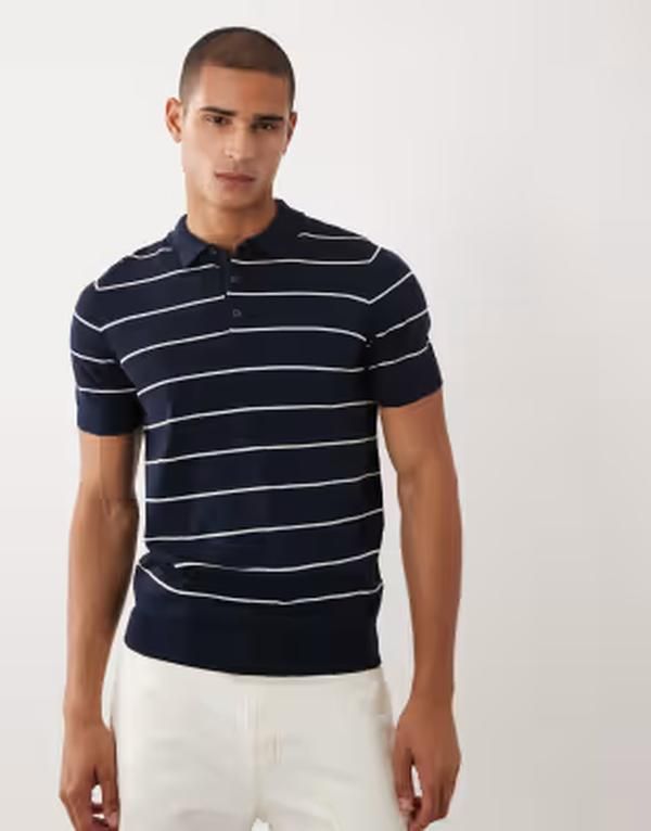 スリードベア メンズ トップス ポロシャツ ニット Threadbare knit short sleeve stripe polo shirt and ecru Navy stripe ネイビー