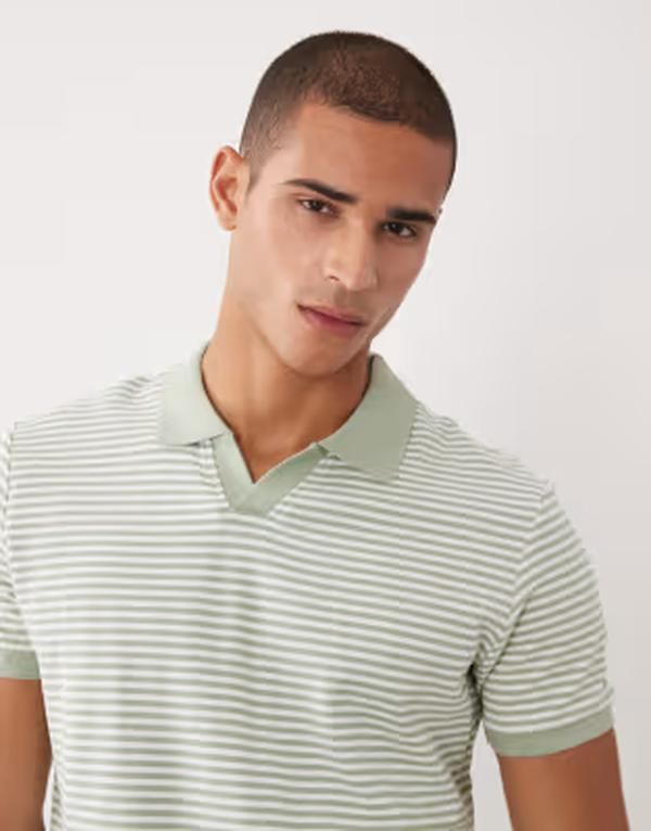 スリードベア メンズ トップス シャツ ニット Threadbare short sleeve knit polo top in sage green and white stripes GREEN