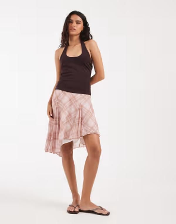 エイソス レディース ボトムスカート シフォン アシンメトリー フリル ASOS DESIGN chiffon asymmetric ruffle skirt check Pink Check ピンク 15,385円