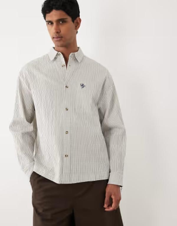 エイソス メンズ トップス シャツ ASOS DESIGN oversized textured plaid shirt with embroidery and Offwhite オフホワイト