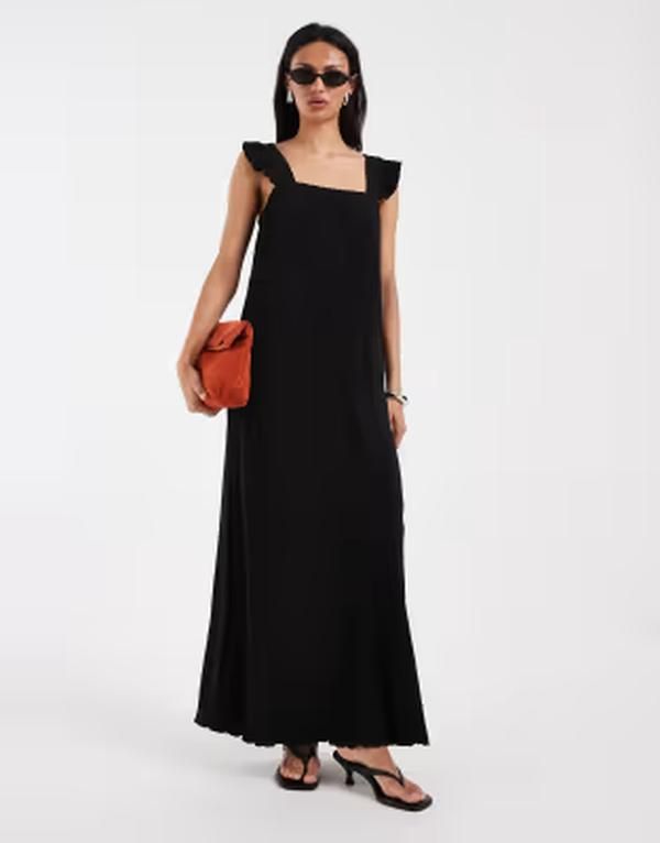 ピーシーズ レディース トップス ワンピース フリル マキシ Pieces plisse maxi dress with ruffle sleeves Black ブラック