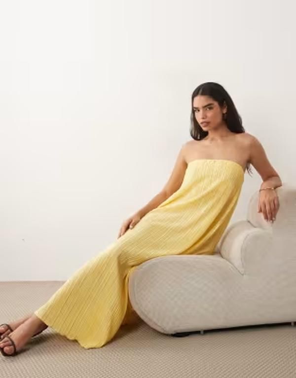 エイソス レディース トップス ワンピース ミディ ASOS DESIGN plisse bandeau trapeze midi dress in butter yellow イエロー 18,886円