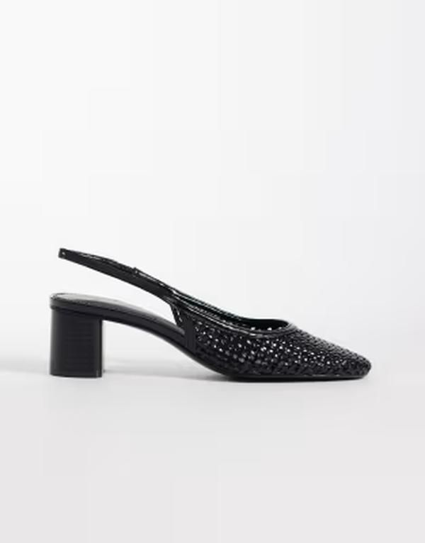 マンゴ レディース シューズ ヒール レザー フェイクレザー Mango faux leather braided block heel slingback shoes Black ブラック