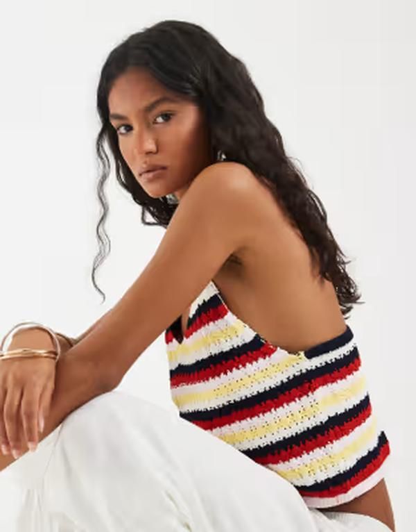 ピーシーズ レディース トップス シャツ プリント ニット PIECES crochet knit cami top in retro multi striped print Lemon Drop V