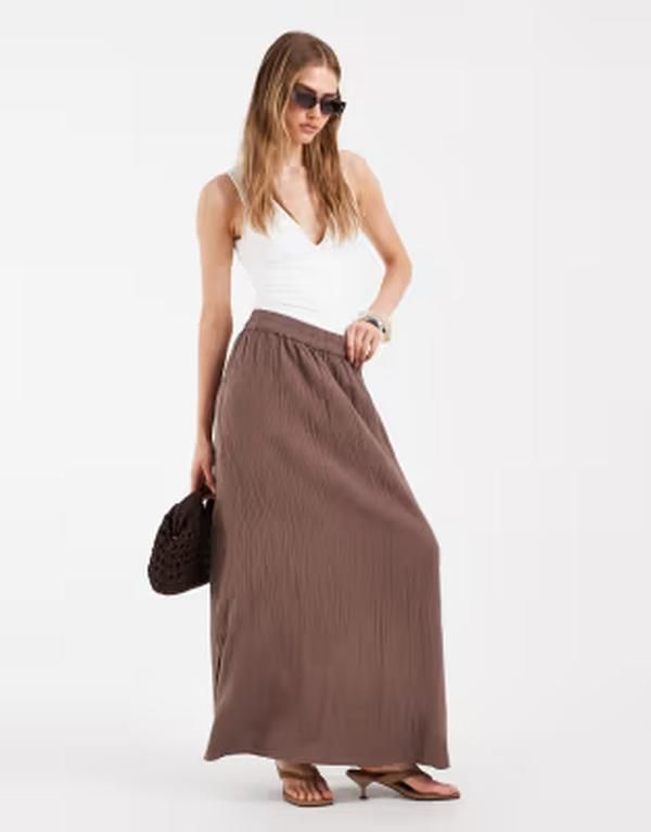 ピーシーズ レディース ボトムスカート コットン マキシ PIECES cotton maxi skirt in chocolate COFFEE QUARTZ コーヒー