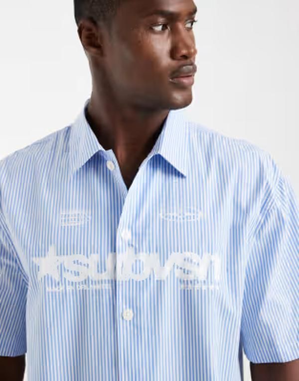 コットンオン メンズ トップス シャツ Cotton Alex short sleeve shirt stripe Blue stripe ブルー