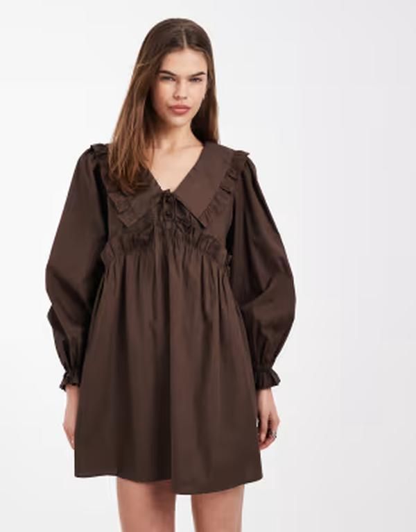 デイジーストリート レディース トップス ワンピース ミニ Daisy Street volume sleeve smock mini dress with oversized collar BROW