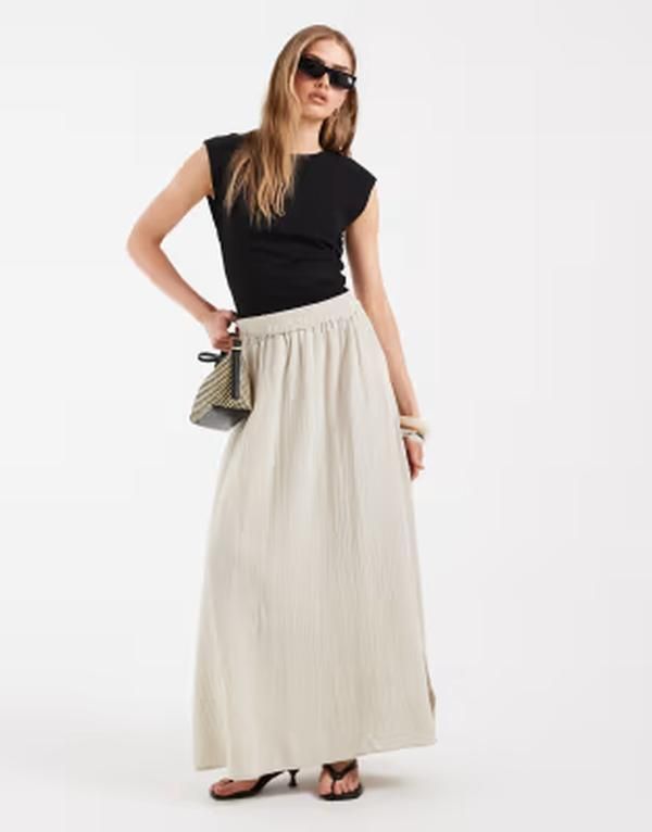 ピーシーズ レディース ボトムスカート コットン マキシ PIECES cotton maxi skirt Silver Lining シルバー