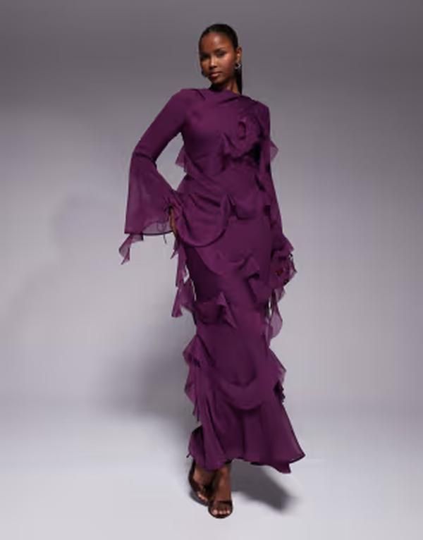 エイソス レディース トップス ワンピース ドレープ フリル マキシ ASOS DESIGN draped raw edge ruffle long sleeve maxi dress Purple
