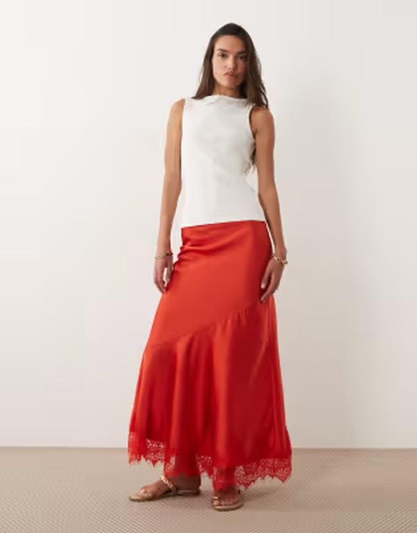 エイソス レディース ボトムスカート レース マキシ ASOS DESIGN lace hem fishtail maxi skirt red レッド
