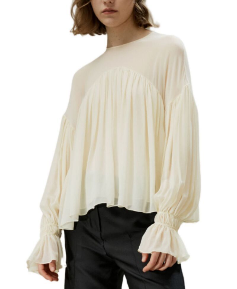 リリーシルク レディース トップス シャツ フリル シアー LILYSILK SheerShoulderuffle Shirt Custard White ホワイト