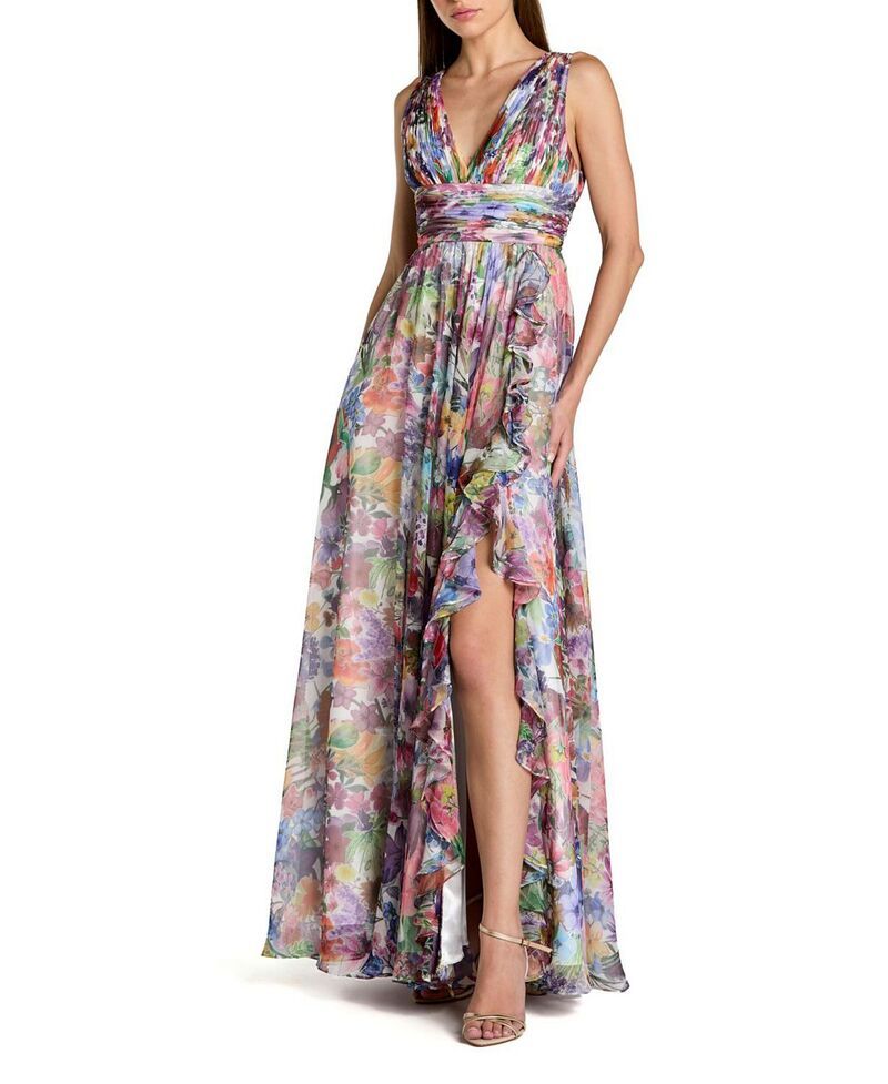 マックダガル レディース トップス ワンピース Vネック シフォン プリント ギャザー ノースリーブ Mac Duggal Sleeveless Printed Chiffon V Neck Ruch
