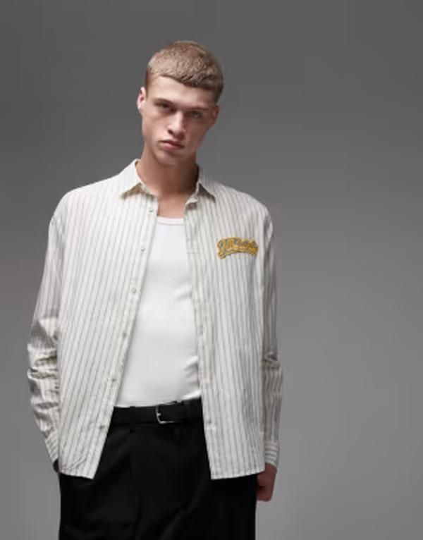 オールセインツ メンズ トップス シャツ ロゴ AllSaintsamuelong sleeve logo shirt stripes white ホワイト