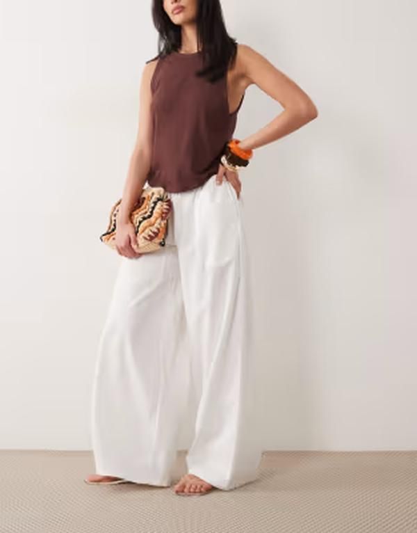 ミッシーエンパイア レディース ボトムス カジュアルパンツ ワイドレッグ リネン Missyempire linen blend tie waist wide leg pants WHITE ホワイト
