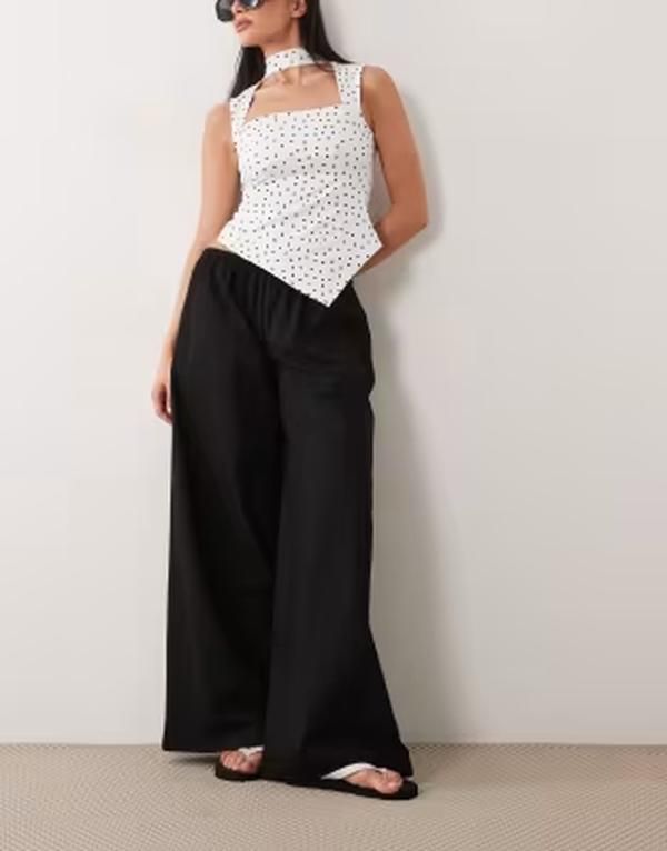 ミッシーエンパイア レディース ボトムス カジュアルパンツ ワイドレッグ リネン Missyempire linen blend tie waist wide leg pants Black ブラック