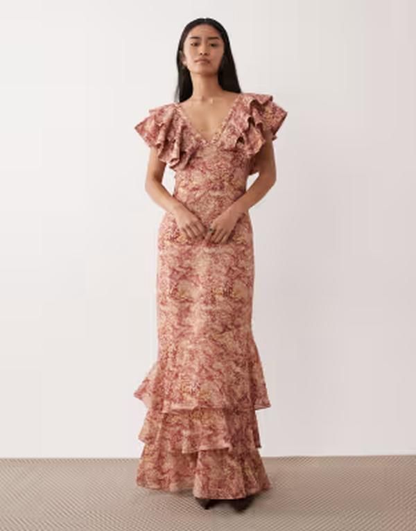 プリティラヴィッシュ レディース トップス ワンピース Vネック プリント フリル リネン マキシ Pretty Lavish linen blend ruffle vneck maxi dress