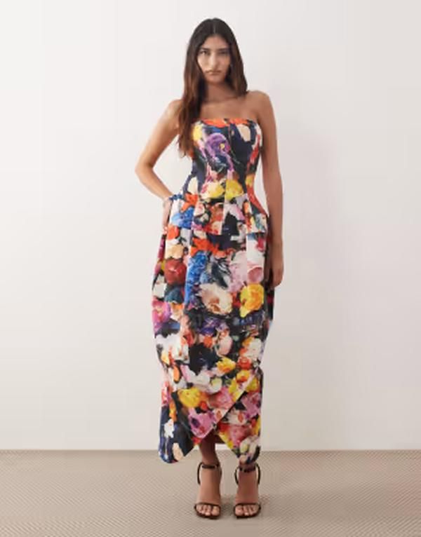 アレンジ レディース トップス ワンピース フラワー柄 プリント ミディ フラワー ARRANGE structu red volume bandeau midi dress in bloom flo