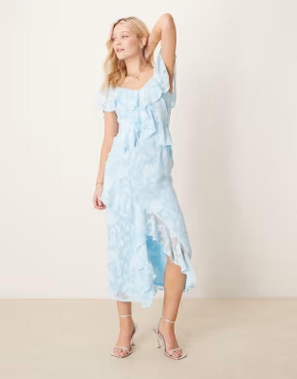 プリティラヴィッシュ レディース トップス ワンピース フリル Pretty Lavish jacquard ruffle midaxi dress in powder Blue ブルー